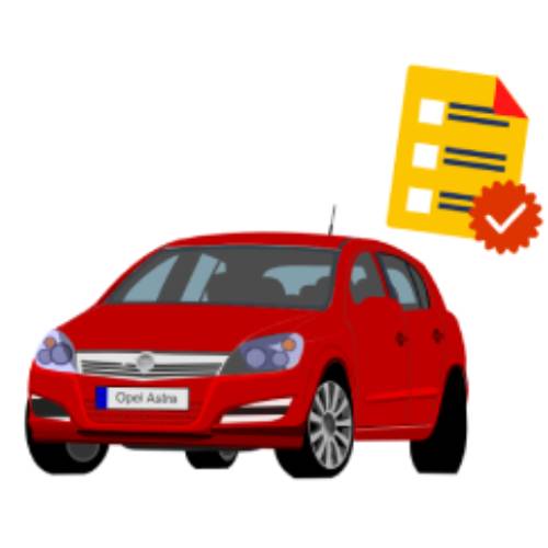 Illustrazione di un'auto rossa Opel Astra con accanto un modulo di revisione approvato con segno di spunta.